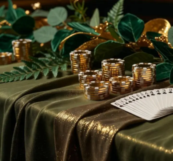 Detal dekoracji kasynowych w stylu green-and-gold lounge z żetonami i kartami.